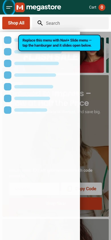 Navi+ Slide Menu on the Megastore Shopify theme Navi+ Slide Menu on the Megastore Shopify theme