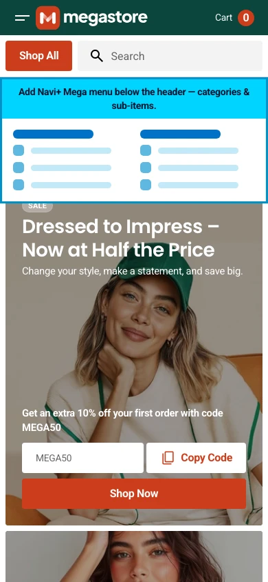 Navi+ mobile Mega Menu on the Megastore Shopify theme Navi+ mobile Mega Menu on the Megastore Shopify theme
