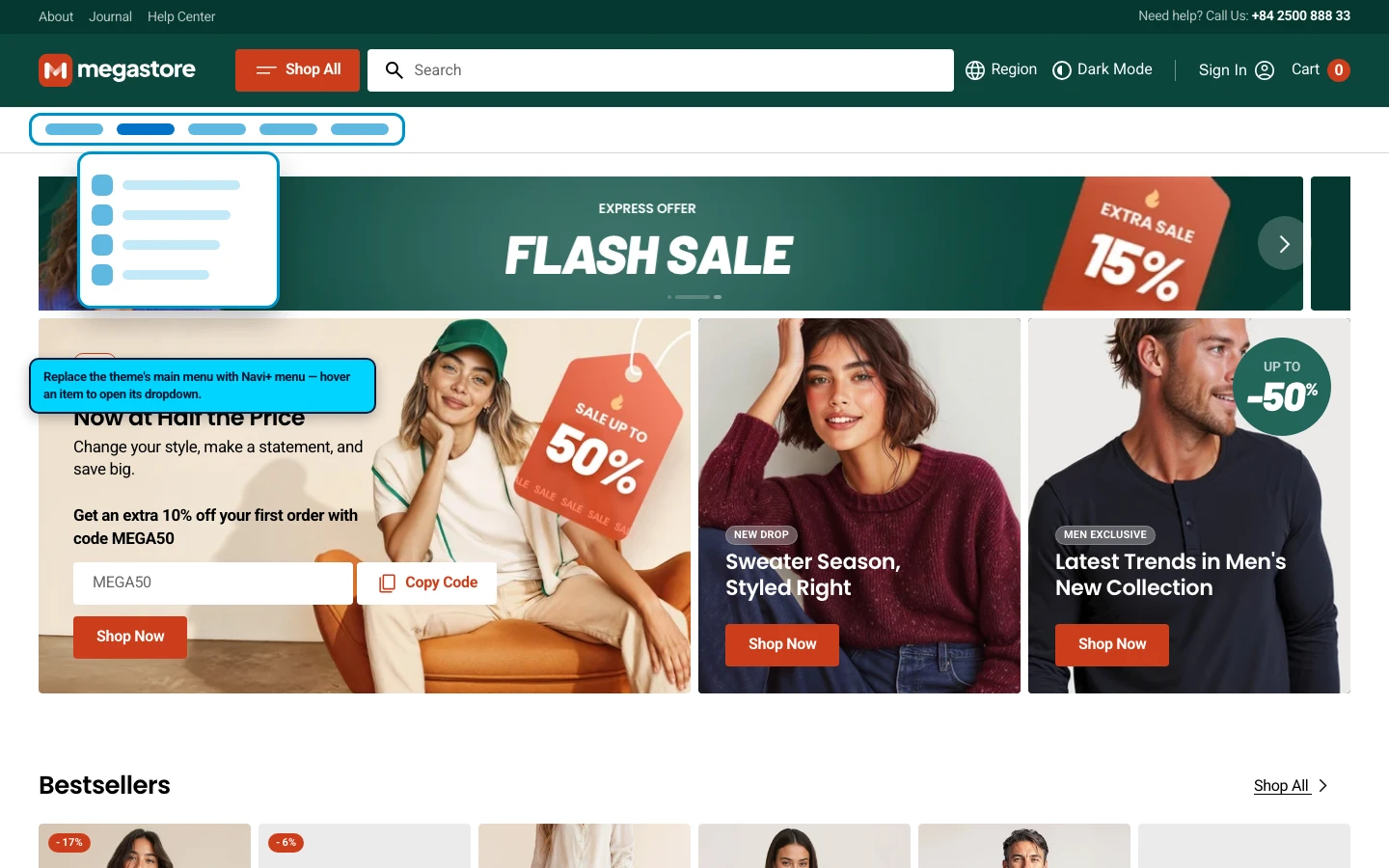 Navi+ Mega Menu replacing the desktop menu on the Megastore Shopify theme Navi+ Mega Menu replacing the desktop menu on the Megastore Shopify theme