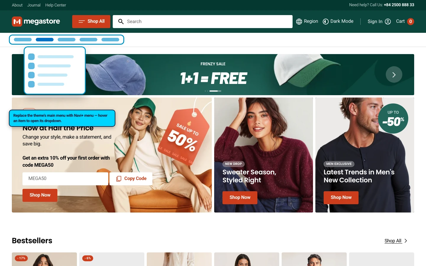 Navi+ Mega Menu replacing the desktop menu on the Megastore Shopify theme Navi+ Mega Menu replacing the desktop menu on the Megastore Shopify theme