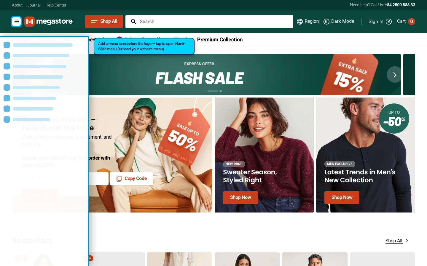 Navi+ trigger icon before the logo on the Megastore Shopify theme Navi+ trigger icon before the logo on the Megastore Shopify theme
