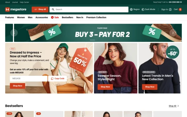 Full-page desktop screenshot of Shopify Megastore theme demo store