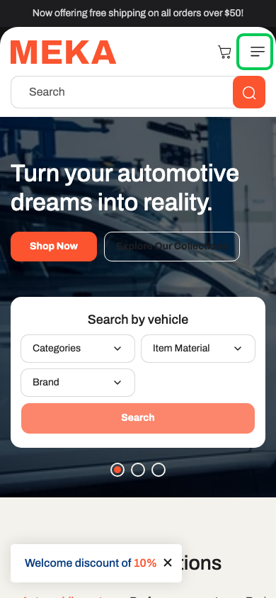 Hamburger → panel opened — Navi+ on the Meka Shopify theme Hamburger → panel opened — Navi+ on the Meka Shopify theme