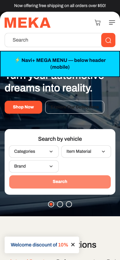 Menu inserted below header — Navi+ on the Meka Shopify theme Menu inserted below header — Navi+ on the Meka Shopify theme