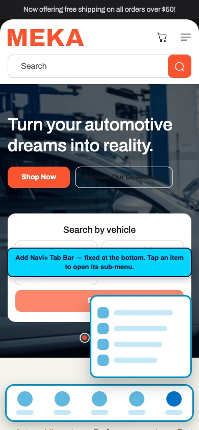 Navi+ Tab Bar on the Meka Shopify theme Navi+ Tab Bar on the Meka Shopify theme