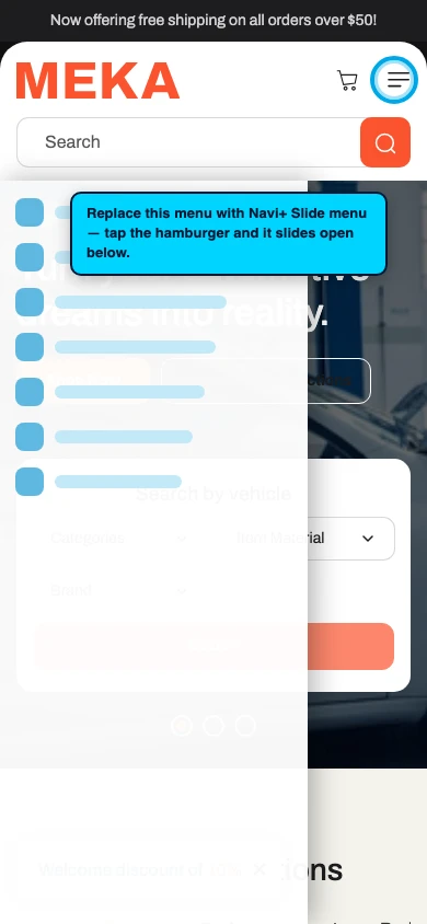 Navi+ Slide Menu on the Meka Shopify theme Navi+ Slide Menu on the Meka Shopify theme