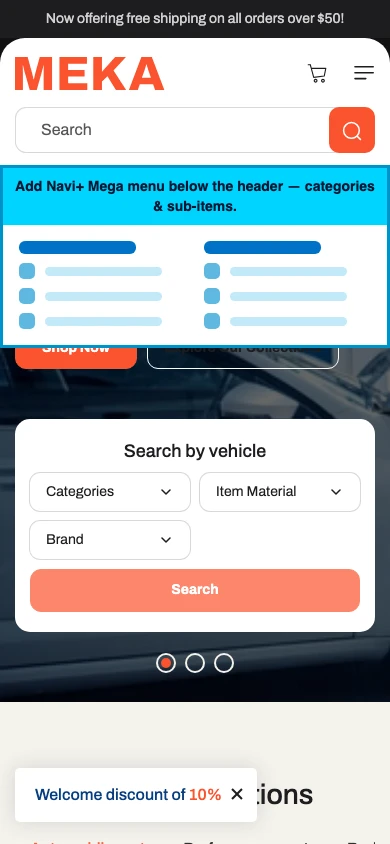Navi+ mobile Mega Menu on the Meka Shopify theme Navi+ mobile Mega Menu on the Meka Shopify theme