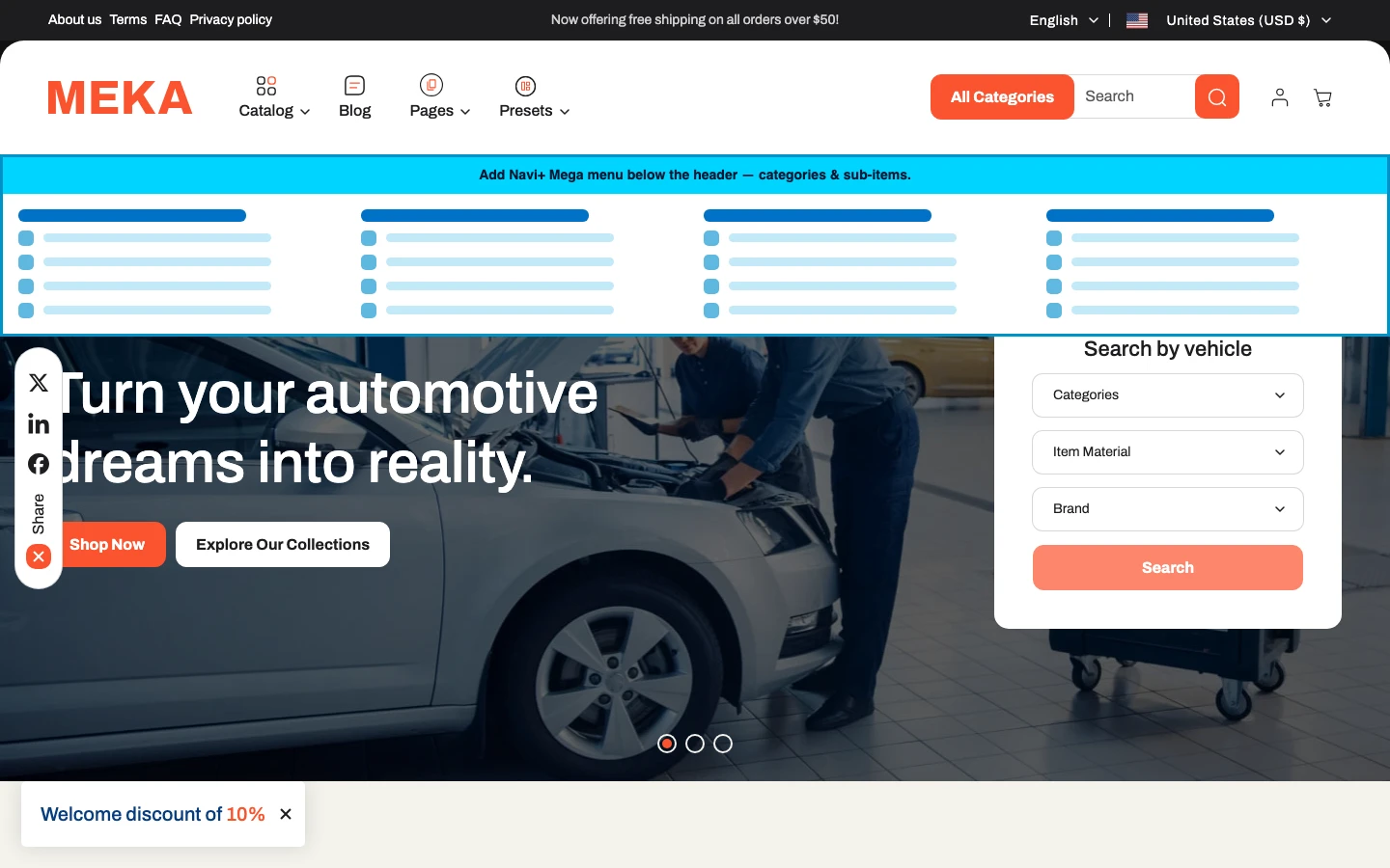 Navi+ Mega Menu inserted below the header on the Meka Shopify theme Navi+ Mega Menu inserted below the header on the Meka Shopify theme