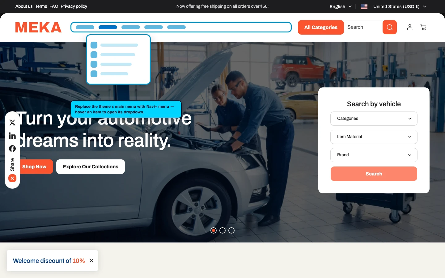 Navi+ Mega Menu replacing the desktop menu on the Meka Shopify theme Navi+ Mega Menu replacing the desktop menu on the Meka Shopify theme
