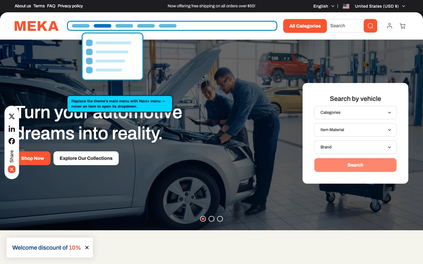 Navi+ Mega Menu replacing the desktop menu on the Meka Shopify theme Navi+ Mega Menu replacing the desktop menu on the Meka Shopify theme
