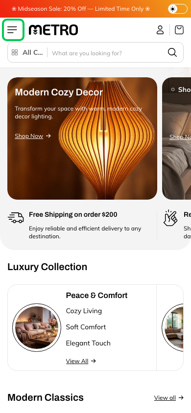Hamburger → panel opened — Navi+ on the Metro Shopify theme Hamburger → panel opened — Navi+ on the Metro Shopify theme
