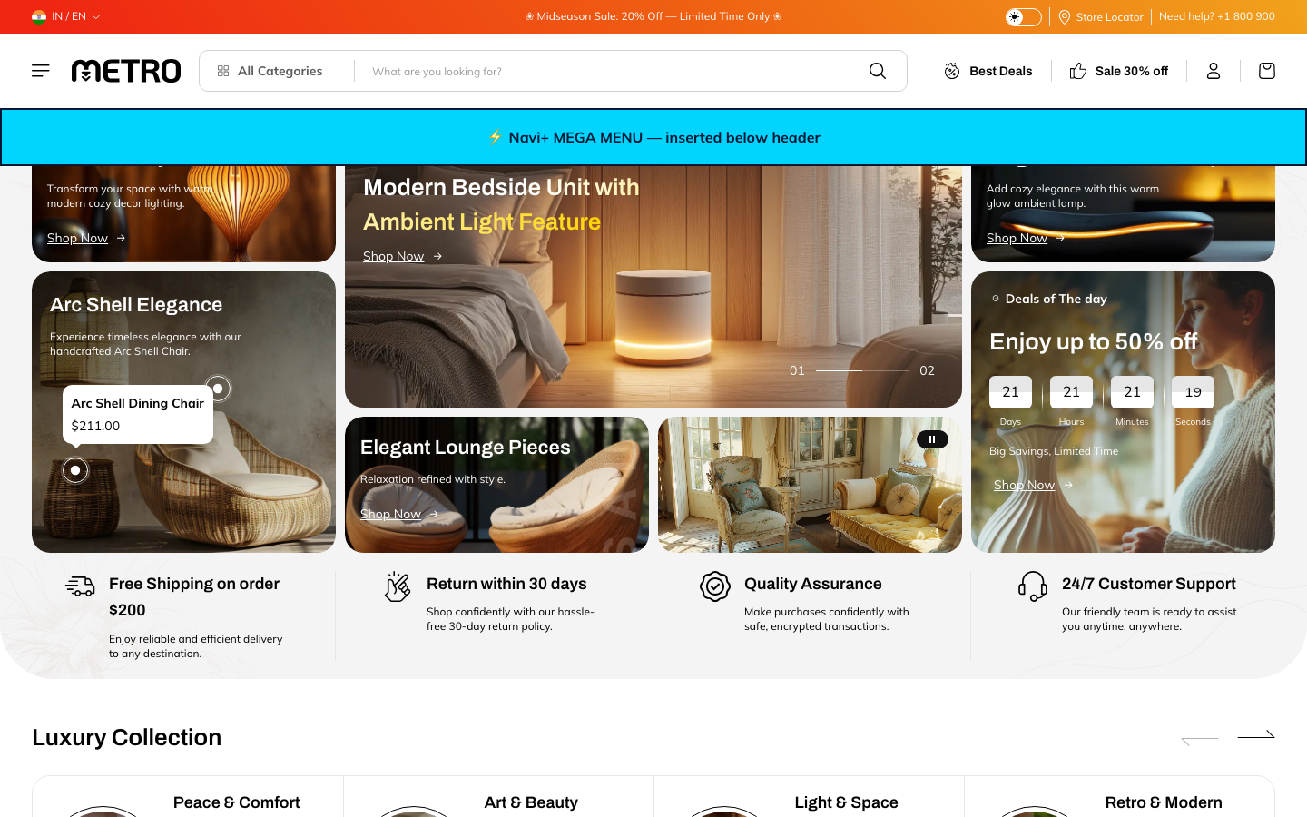 Menu inserted below header — Navi+ on the Metro Shopify theme Menu inserted below header — Navi+ on the Metro Shopify theme