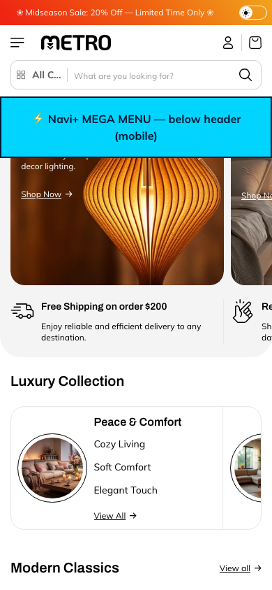 Menu inserted below header — Navi+ on the Metro Shopify theme Menu inserted below header — Navi+ on the Metro Shopify theme