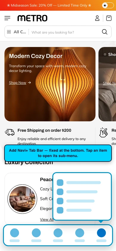 Navi+ Tab Bar on the Metro Shopify theme Navi+ Tab Bar on the Metro Shopify theme
