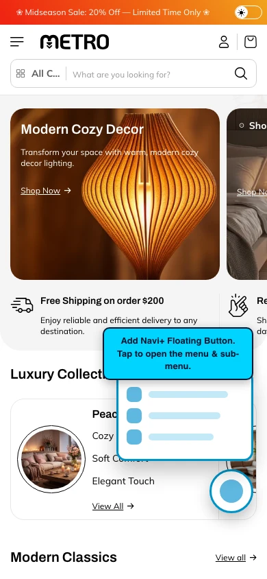 Navi+ FAB on the Metro Shopify theme Navi+ FAB on the Metro Shopify theme