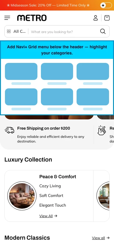 Navi+ Grid Menu on the Metro Shopify theme Navi+ Grid Menu on the Metro Shopify theme