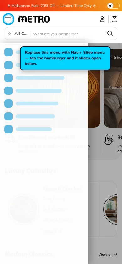 Navi+ Slide Menu on the Metro Shopify theme Navi+ Slide Menu on the Metro Shopify theme