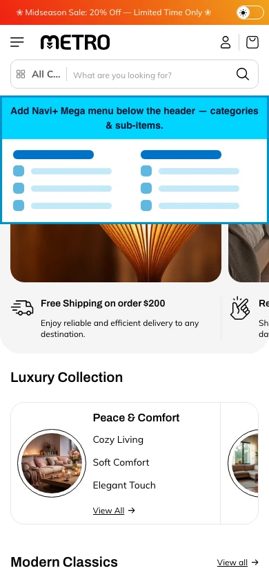 Navi+ mobile Mega Menu on the Metro Shopify theme Navi+ mobile Mega Menu on the Metro Shopify theme