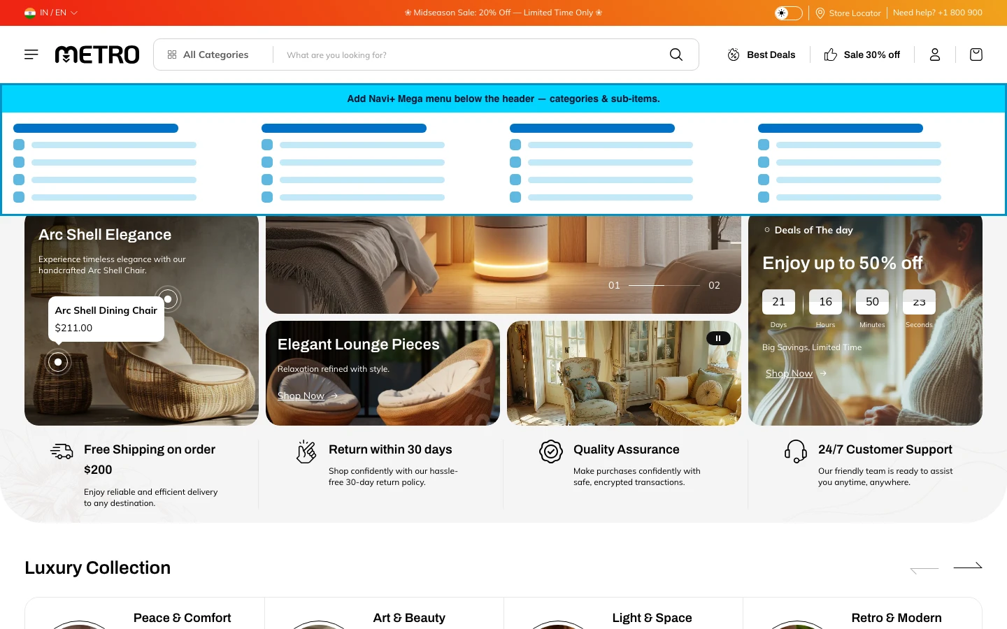 Navi+ Mega Menu inserted below the header on the Metro Shopify theme Navi+ Mega Menu inserted below the header on the Metro Shopify theme