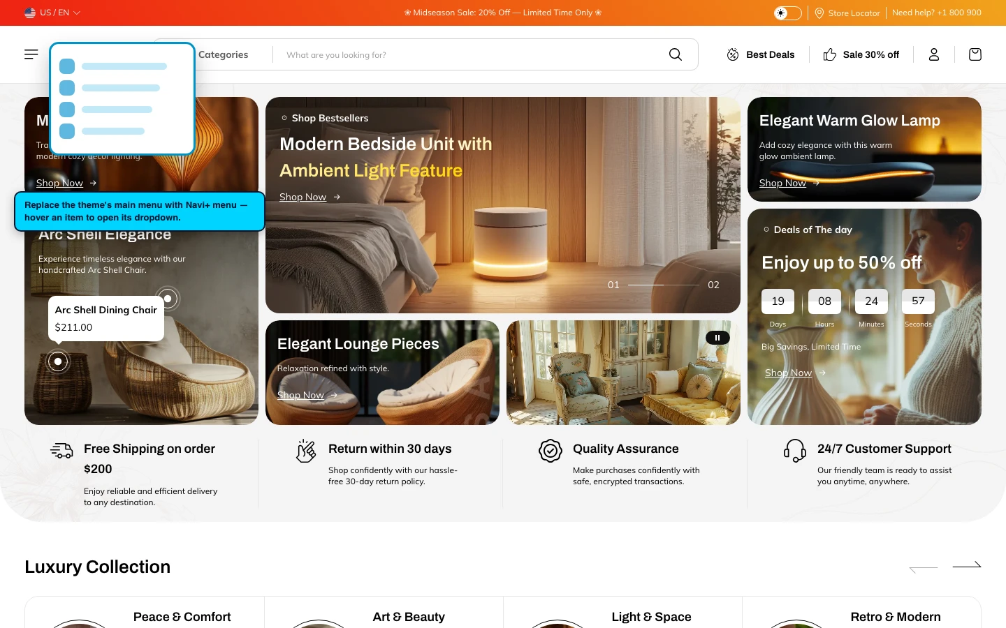 Navi+ Mega Menu replacing the desktop menu on the Metro Shopify theme Navi+ Mega Menu replacing the desktop menu on the Metro Shopify theme