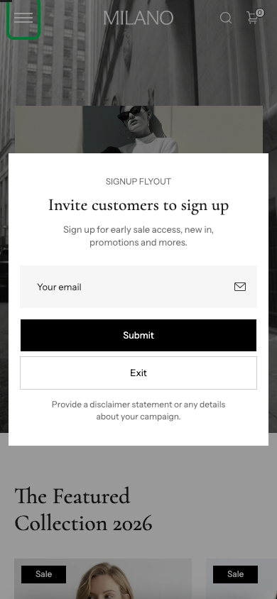 Hamburger → panel opened — Navi+ on the Milano Shopify theme Hamburger → panel opened — Navi+ on the Milano Shopify theme