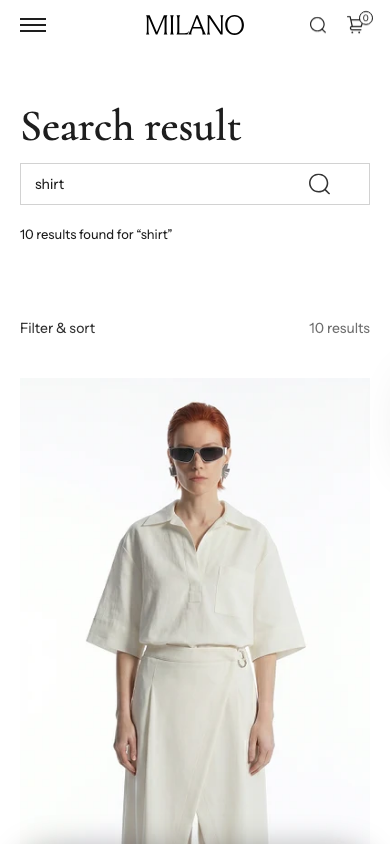 Search → panel opened — Navi+ on the Milano Shopify theme Search → panel opened — Navi+ on the Milano Shopify theme