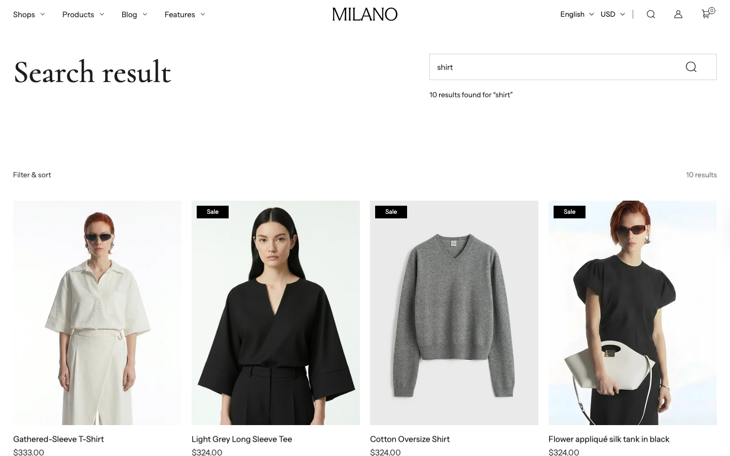 Search → panel opened — Navi+ on the Milano Shopify theme Search → panel opened — Navi+ on the Milano Shopify theme