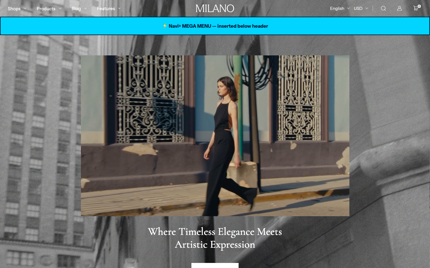 Menu inserted below header — Navi+ on the Milano Shopify theme Menu inserted below header — Navi+ on the Milano Shopify theme