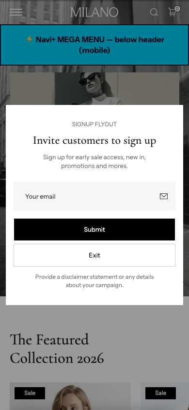 Menu inserted below header — Navi+ on the Milano Shopify theme Menu inserted below header — Navi+ on the Milano Shopify theme