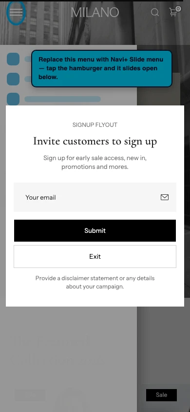 Navi+ Slide Menu on the Milano Shopify theme Navi+ Slide Menu on the Milano Shopify theme