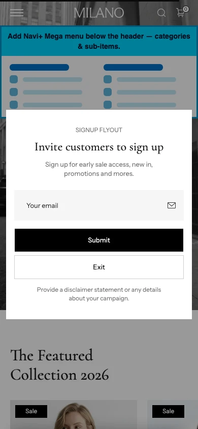 Navi+ mobile Mega Menu on the Milano Shopify theme Navi+ mobile Mega Menu on the Milano Shopify theme