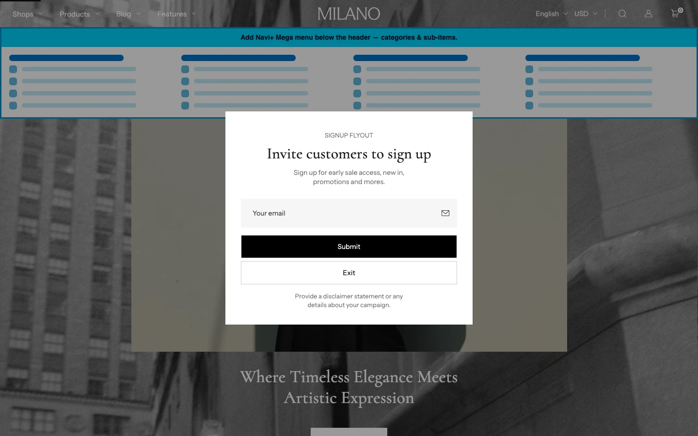 Navi+ Mega Menu inserted below the header on the Milano Shopify theme Navi+ Mega Menu inserted below the header on the Milano Shopify theme