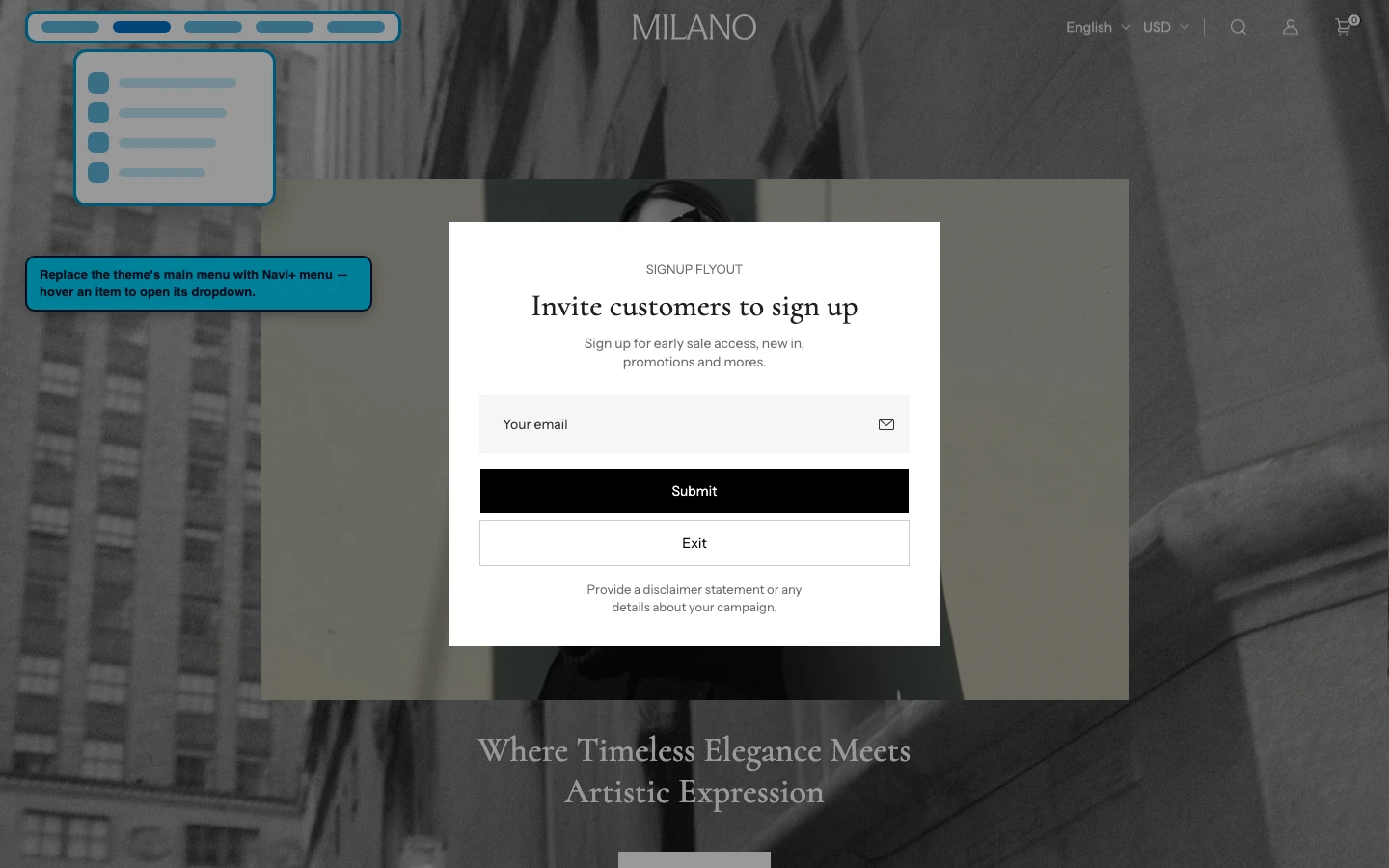 Navi+ Mega Menu replacing the desktop menu on the Milano Shopify theme Navi+ Mega Menu replacing the desktop menu on the Milano Shopify theme