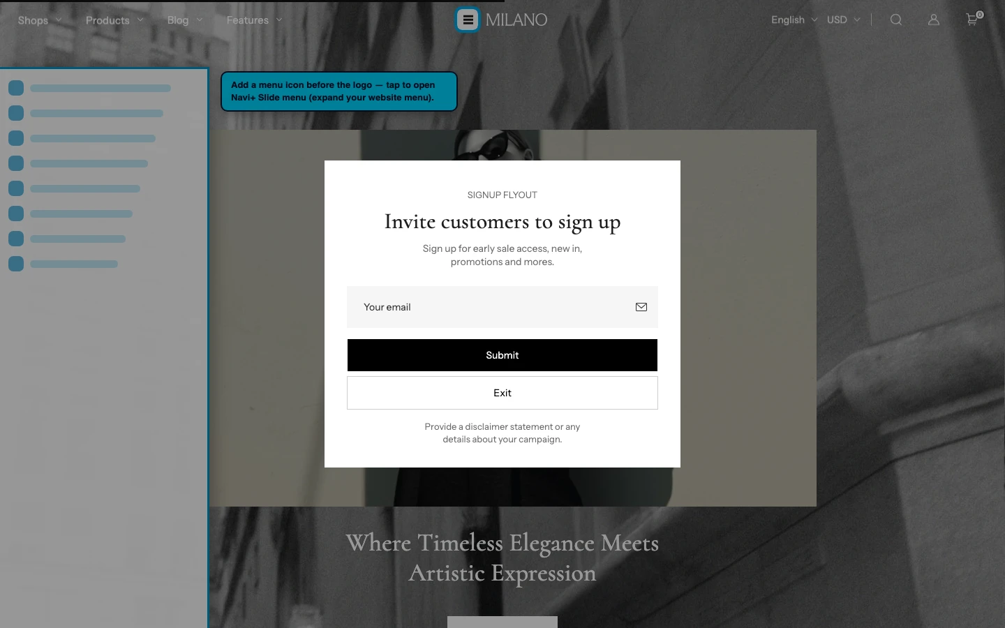 Navi+ trigger icon before the logo on the Milano Shopify theme Navi+ trigger icon before the logo on the Milano Shopify theme