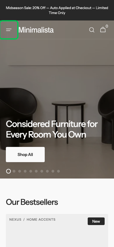 Hamburger → panel opened — Navi+ on the Minimalista Shopify theme