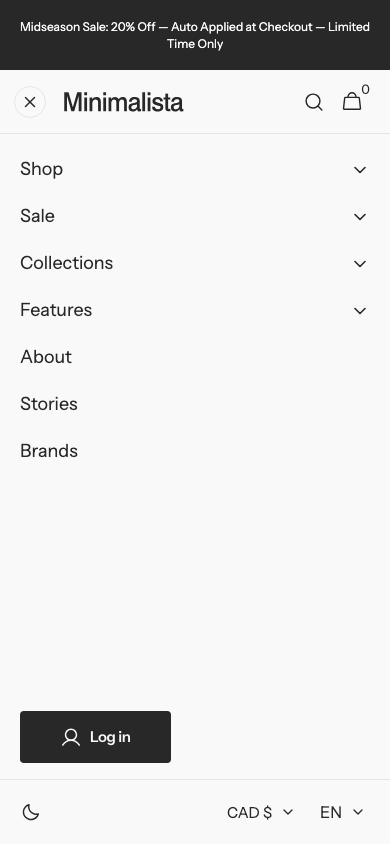 Hamburger → panel opened — Navi+ on the Minimalista Shopify theme