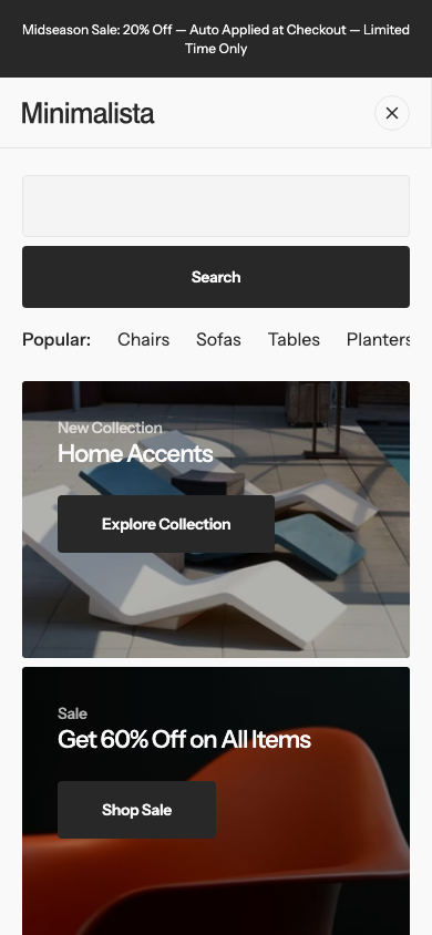 Search → panel opened — Navi+ on the Minimalista Shopify theme