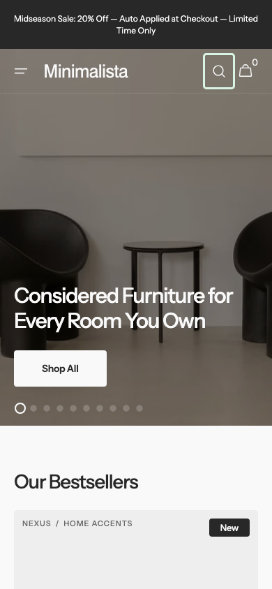 Search → panel opened — Navi+ on the Minimalista Shopify theme