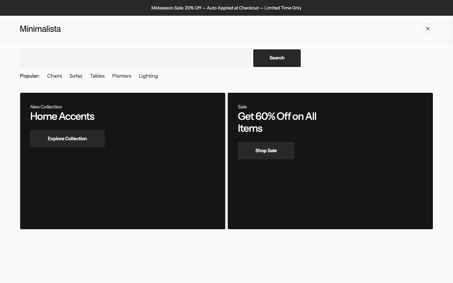 Search → panel opened — Navi+ on the Minimalista Shopify theme