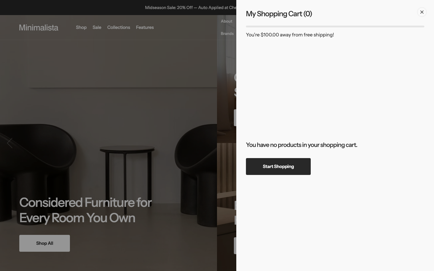 Cart → panel opened — Navi+ on the Minimalista Shopify theme