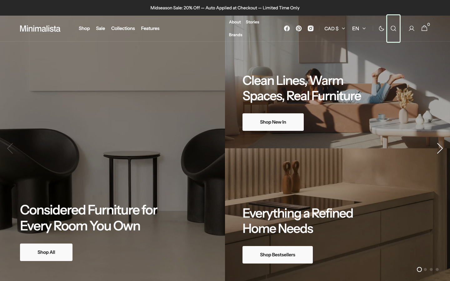 Search → panel opened — Navi+ on the Minimalista Shopify theme