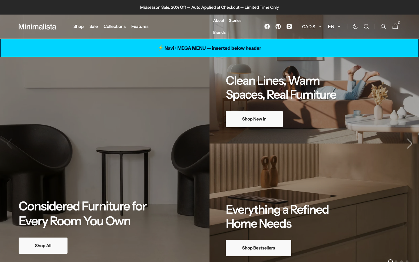 Menu inserted below header — Navi+ on the Minimalista Shopify theme