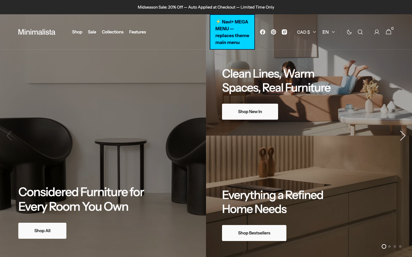 Replace main menu — Navi+ on the Minimalista Shopify theme