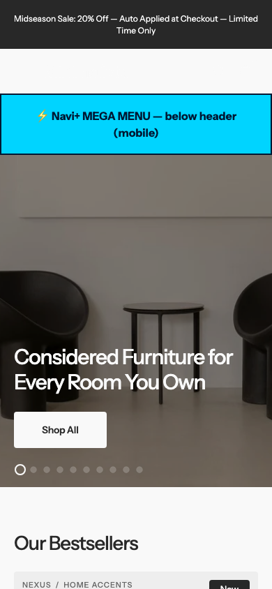 Menu inserted below header — Navi+ on the Minimalista Shopify theme