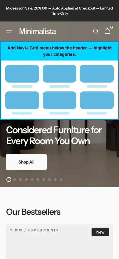 Navi+ Grid Menu on the Minimalista Shopify theme Navi+ Grid Menu on the Minimalista Shopify theme