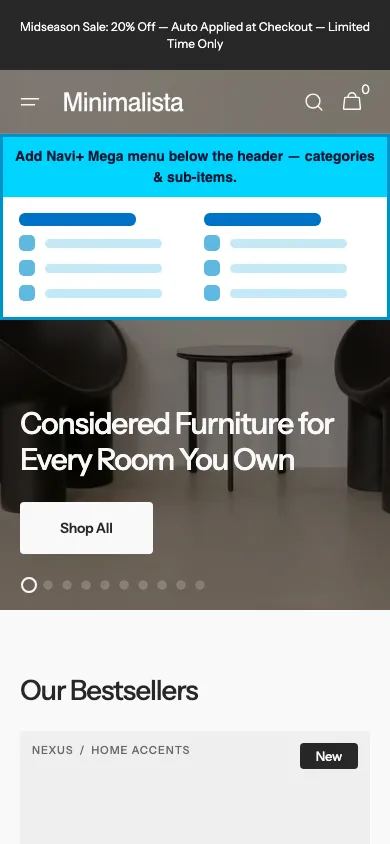 Navi+ mobile Mega Menu on the Minimalista Shopify theme Navi+ mobile Mega Menu on the Minimalista Shopify theme