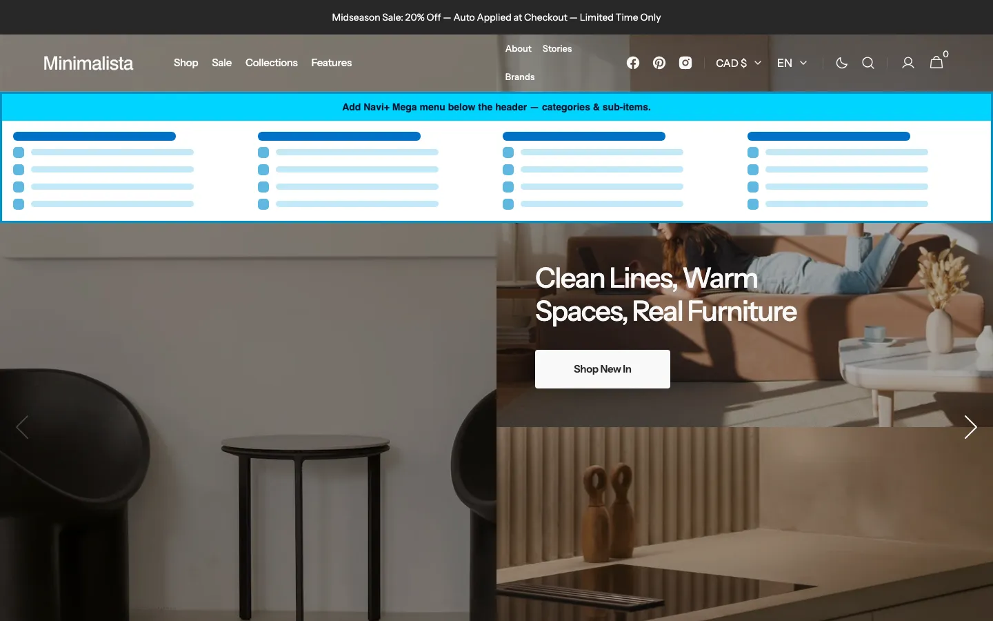 Navi+ Mega Menu inserted below the header on the Minimalista Shopify theme Navi+ Mega Menu inserted below the header on the Minimalista Shopify theme