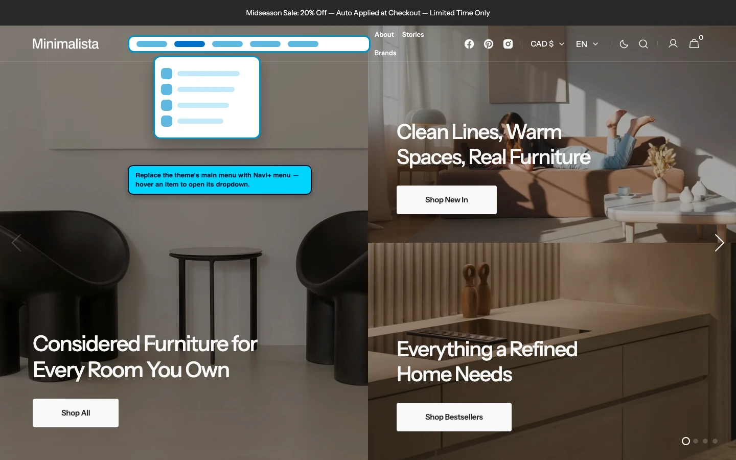 Navi+ Mega Menu replacing the desktop menu on the Minimalista Shopify theme Navi+ Mega Menu replacing the desktop menu on the Minimalista Shopify theme