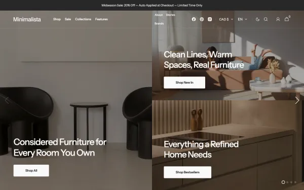 Full-page desktop screenshot of Shopify Minimalista theme demo store