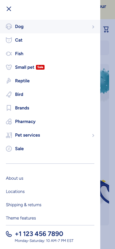 Hamburger → panel opened — Navi+ on the Minion Shopify theme